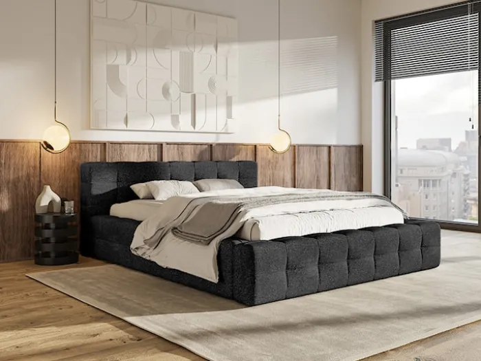 Łóżko tapicerowane Puffly 140x200 cm z pojemnikiem stelaż metalowy czarny szenil
