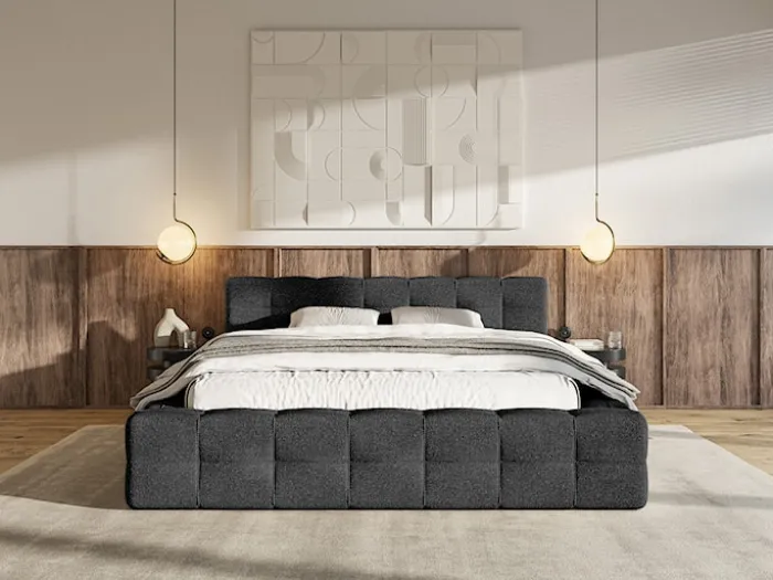 Łóżko tapicerowane Puffly 160x200 cm z pojemnikiem stelaż metalowy czarny szenil