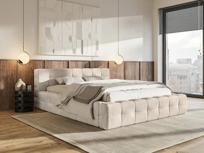 Łóżko tapicerowane Puffly 180x200 cm z pojemnikiem stelaż metalowy beżowy szenil