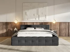 Łóżko tapicerowane Puffly 180x200 cm z pojemnikiem stelaż metalowy czarny szenil
