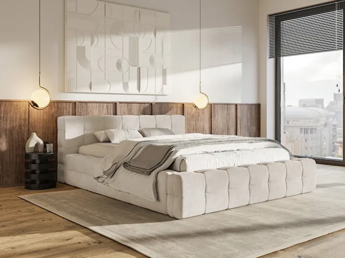 Łóżko tapicerowane Puffly 140x200 cm z pojemnikiem stelaż metalowy szarobeżowy welur