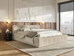 Łóżko tapicerowane Puffly 160x200 cm z pojemnikiem stelaż metalowy beżowy welur