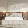 Łóżko tapicerowane Puffly 180x200 cm z pojemnikiem stelaż metalowy szarobeżowy welur