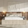 Łóżko tapicerowane Puffly 180x200 cm z pojemnikiem stelaż metalowy beżowy welur