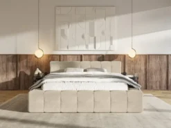 Łóżko tapicerowane Puffly 180x200 cm z pojemnikiem stelaż metalowy beżowy welur