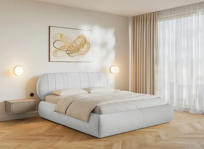 Łóżko tapicerowane 140x200 cm Asmelio jasnoszare plecionka