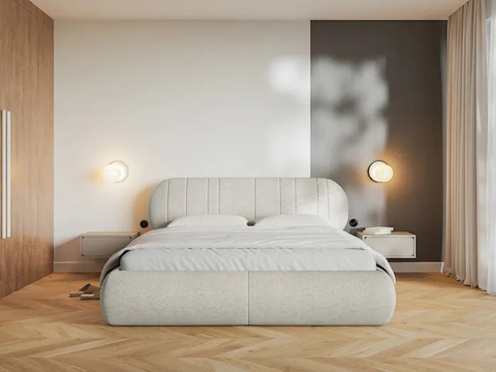 Łóżko tapicerowane 140x200 cm Asmelio z pojemnikiem stelaż metalowy kremowe plecionka