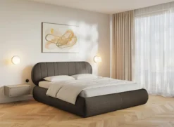 Łóżko tapicerowane 140x200 cm Asmelio z pojemnikiem stelaż metalowy brązowe plecionka