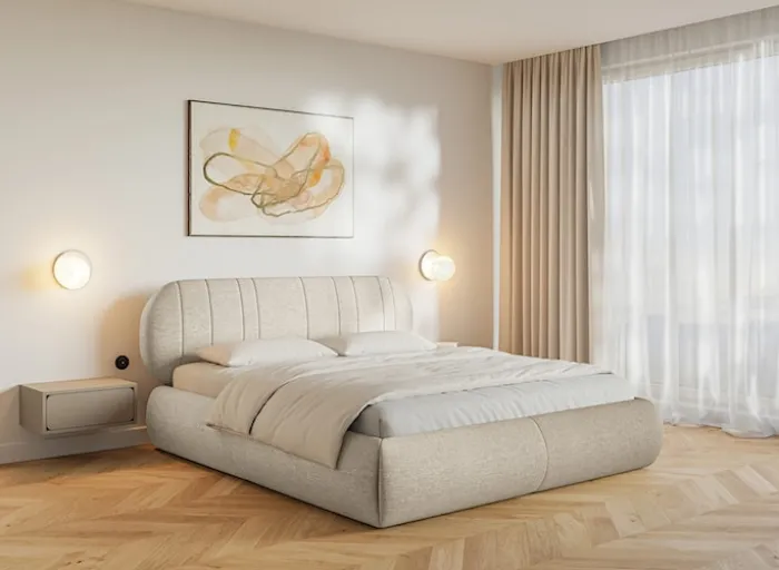 Łóżko tapicerowane 160x200 cm Asmelio z pojemnikiem stelaż metalowy beżowe plecionka