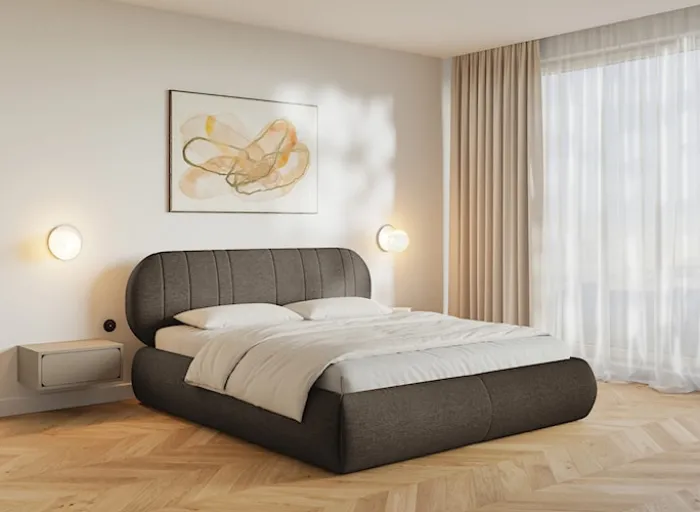 Łóżko tapicerowane 160x200 cm Asmelio z pojemnikiem stelaż metalowy brązowe plecionka