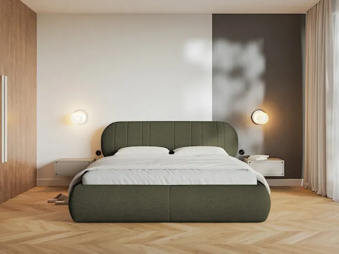 Łóżko tapicerowane 160x200 cm Asmelio z pojemnikiem stelaż metalowy khaki plecionka