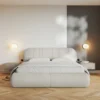 Łóżko tapicerowane 180x200 cm Asmelio z pojemnikiem stelaż metalowy kremowe plecionka