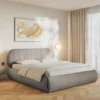 Łóżko tapicerowane 180x200 cm Asmelio z pojemnikiem stelaż metalowy szarobeżowe plecionka