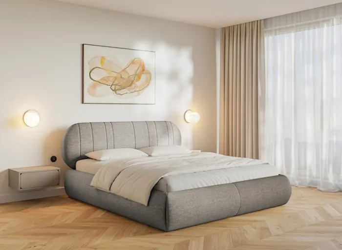 Łóżko tapicerowane 180x200 cm Asmelio z pojemnikiem stelaż metalowy szarobeżowe plecionka
