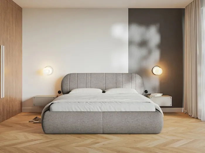 Łóżko tapicerowane 180x200 cm Asmelio z pojemnikiem stelaż metalowy szarobeżowe plecionka