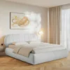 Łóżko tapicerowane 180x200 cm Asmelio z pojemnikiem stelaż metalowy jasnoszare plecionka