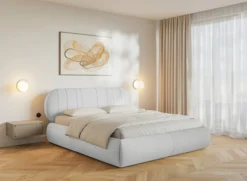 Łóżko tapicerowane 180x200 cm Asmelio z pojemnikiem stelaż metalowy jasnoszare plecionka