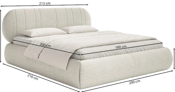 Łóżko tapicerowane 180x200 cm Asmelio z pojemnikiem stelaż metalowy jasnoszare plecionka