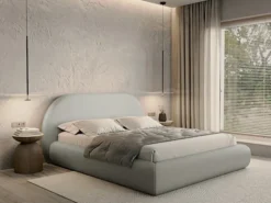 Łóżko tapicerowane 140x200 cm Buvio z pojemnikiem stelaż metalowy szarobeżowe szenil