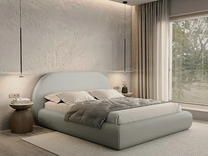 Łóżko tapicerowane 140x200 cm Buvio z pojemnikiem stelaż metalowy szarobeżowe szenil