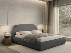 Łóżko tapicerowane 140x200 cm Buvio z pojemnikiem stelaż metalowy szare szenil