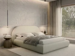 Łóżko tapicerowane 140x200 cm Buvio z pojemnikiem stelaż metalowy kremowe boucle