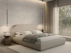 Łóżko tapicerowane 140x200 cm Buvio z pojemnikiem stelaż metalowy beżowe boucle