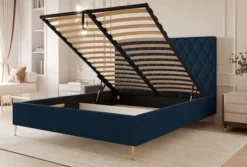Łóżko tapicerowane 160x200 cm Caro z pojemnikiem granatowe welur hydrofobowy złote nóżki