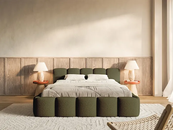 Łóżko tapicerowane 140x200 cm Cloudy Low z pojemnikiem oliwkowe boucle stelaż metalowy