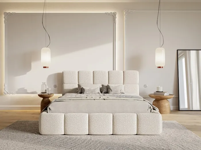Łóżko tapicerowane 200x200 cm Cloudy z pojemnikiem jasnobeżowe boucle