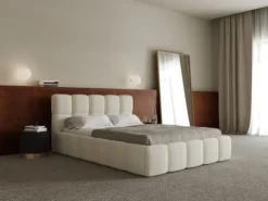 Łóżko tapicerowane 180x200 cm Cloudy z pojemnikiem jasnobeżowe plecionka stelaż metalowy