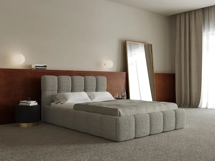 Łóżko tapicerowane 180x200 cm Cloudy z pojemnikiem ciemnobeżowe plecionka stelaż metalowy