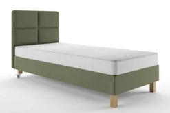 Łóżko tapicerowane 80x200 cm Donbay z wezglowiem panelowym i materacem kieszeniowym oliwkowe welur hydrofobowy