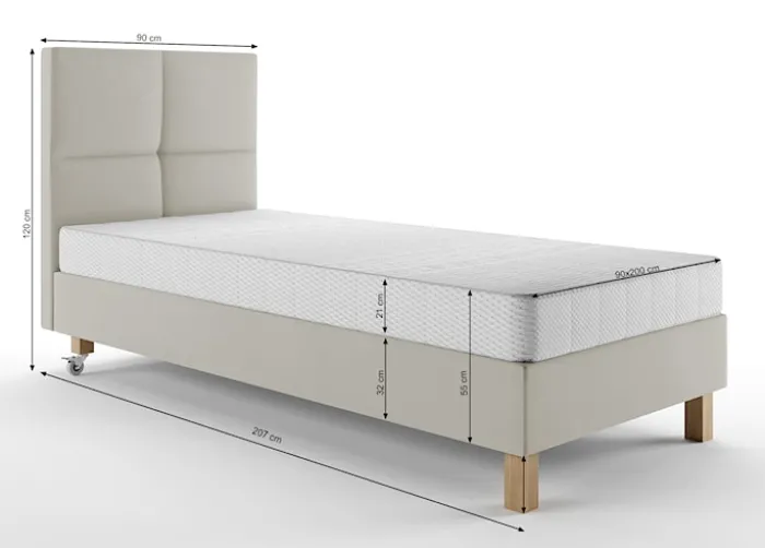Łóżko tapicerowane 90x200 cmDonbay z wezglowiem panelowym i materacem kieszeniowym kremowe welur hydrofobowy