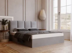 Łóżko tapicerowane 120x200 cm Drimmi z pojemnikiem jasnoszare velvet hydrofobowy