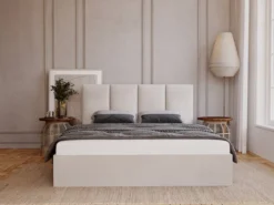 Łóżko tapicerowane 180x200 cm Drimmi z pojemnikiem szarobeżowe velvet hydrofobowy