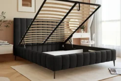 Łóżko tapicerowane 140x200 cm Fiarro z pojemnikiem na pościel ciemnoszare welur stelaż metalowy na wysokich nóżkach