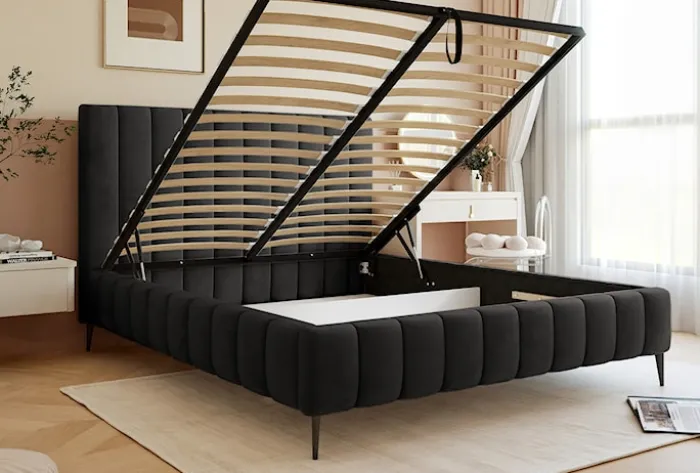 Łóżko tapicerowane 160x200 cm Fiarro z pojemnikiem na pościel ciemnoszare welur stelaż metalowy na wysokich nóżkach