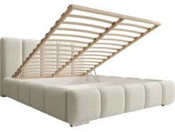 Łóżko tapicerowane 180x200 cm Fiftino z pojemnikiem na pościel kremowe boucle