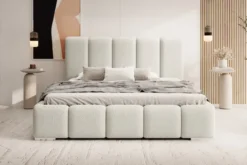 Łóżko tapicerowane 140x200 cm Fiftino z pojemnikiem na pościel kremowe boucle