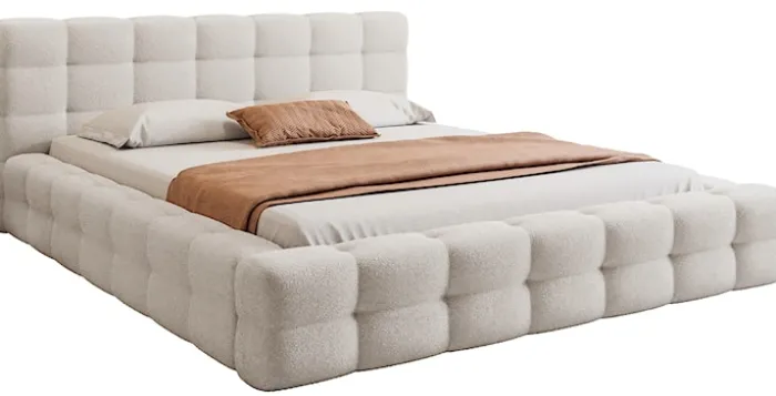 Łóżko tapicerowane 160x200 cm Floriso z pojemnikiem i metalowym stelażem jasnobeżowe boucle