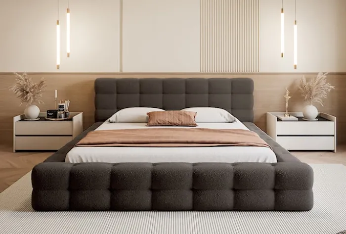Łóżko tapicerowane 160x200 cm Floriso z pojemnikiem i metalowym stelażem brązowe boucle