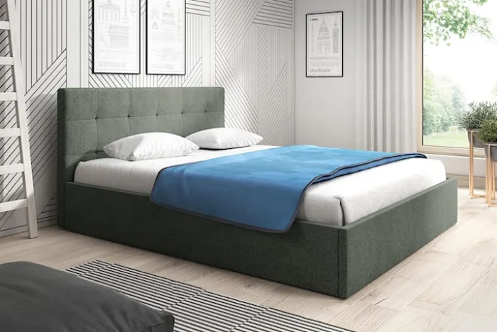 Łóżko tapicerowane 160x200 cm Laureno z pojemnikiem na pościel szałwiowe plecionka stelaż metalowy