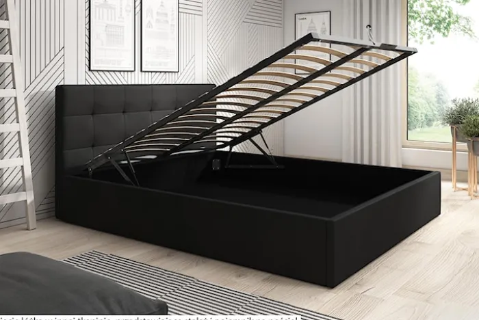 Łóżko tapicerowane 180x200 cm Laureno z pojemnikiem na pościel granatowe plecionka stelaż metalowy