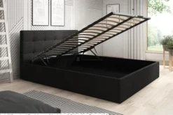 Łóżko tapicerowane 180x200 cm Laureno z pojemnikiem na pościel beżowe plecionka stelaż metalowy