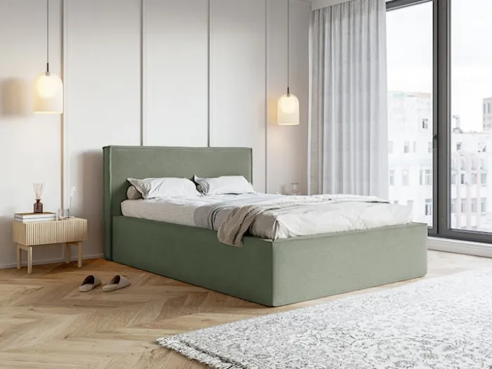 Łóżko tapicerowane 180x200 cm Lucera z pojemnikiem eukaliptusowe welur hydrofobowy