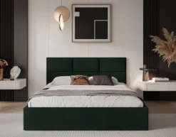 Łóżko tapicerowane 140x200 cm Nestio z pojemnikiem i metalowym stelażem ciemnozielony welur