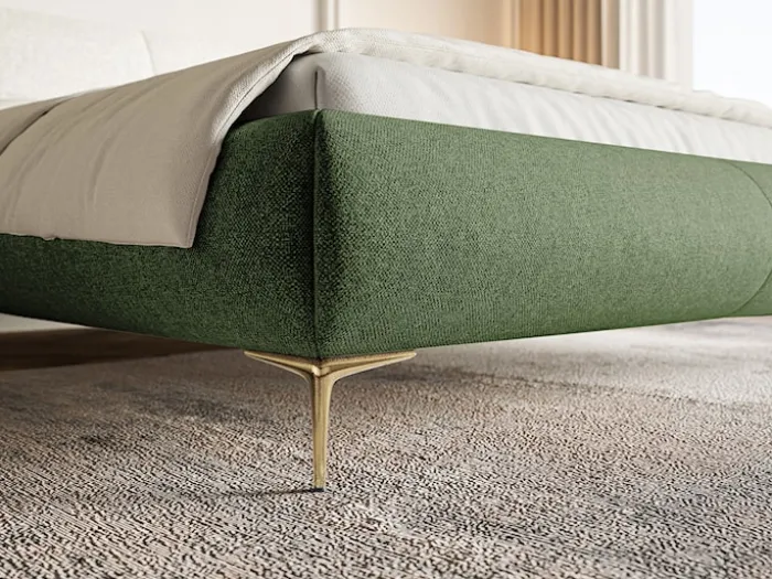 Łóżko tapicerowane 180x200 cm Ovalle oliwkowe plecionka hydrofobowa nóżki złote