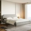 Łóżko tapicerowane 140x200 cm Ovalle szare plecionka hydrofobowa nóżki złote