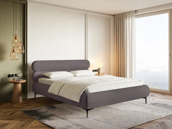 Łóżko tapicerowane 180x200 cm Roule Cord brązowe sztruks nóżki czarne